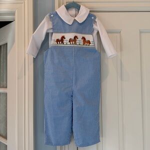 Blue Gingham Toddler Boys Smocked Romper with Horse Embroidery + Shirt 18-24